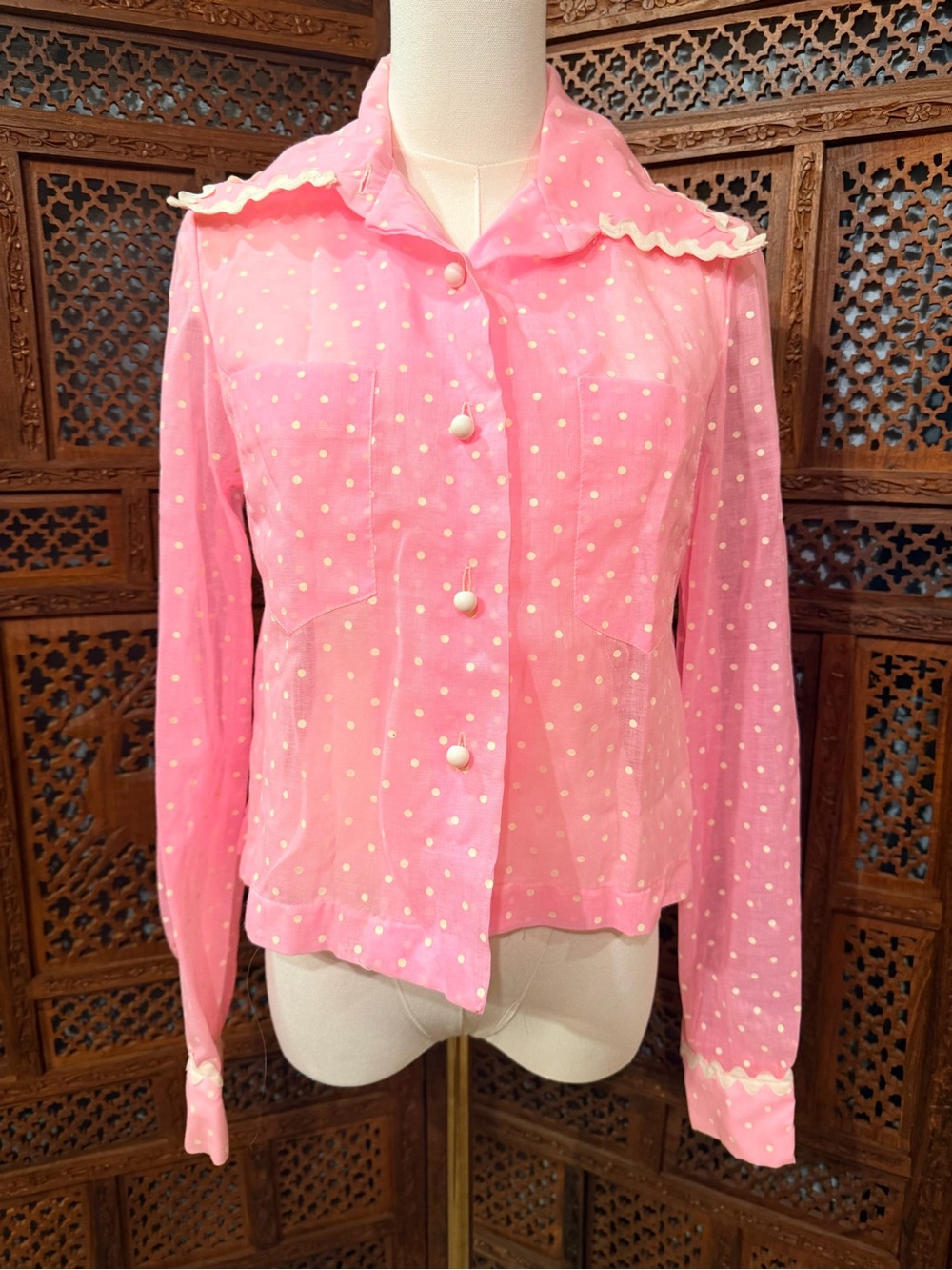 Vintage Marianne Pink Polka Dot Blouse | Ric Rac Trim size 10